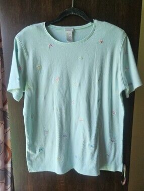 Vintage Koret Francisca Light Aqua Embroidered Tee with Beach Design Size Large